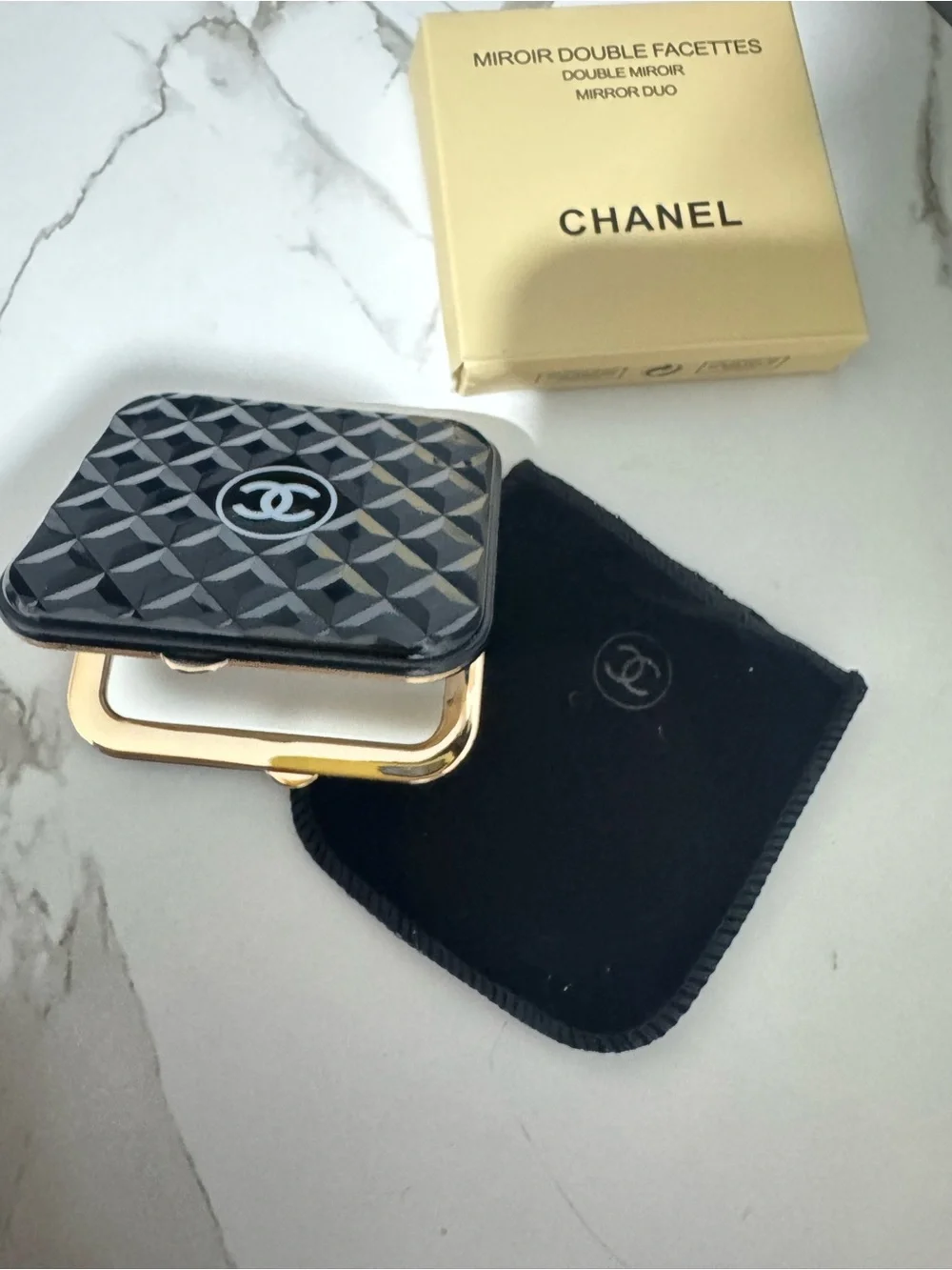 CHANEL Black & Gold Compact Double Mirror with Quilted Lid